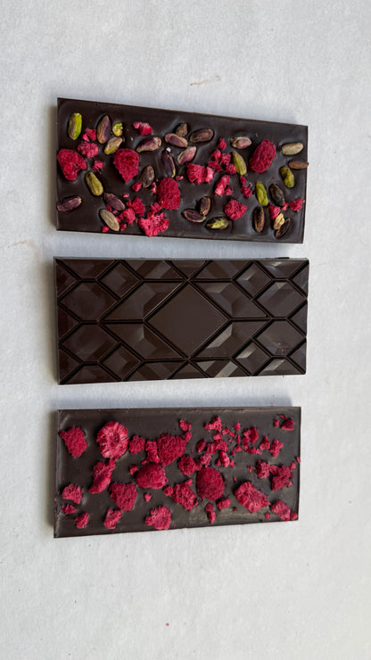 Raspberry Dark Chocolate Bar and Raspberry Pistachio Dark Chocolate Bar