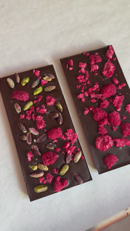 Raspberry Dark Chocolate Bar and Raspberry Pistachio Dark Chocolate Bar